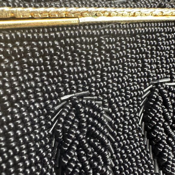 Vintage Ladies Jet Black Beaded Cocktail Handbag Purse Gold Clasp - Picture 6 of 11